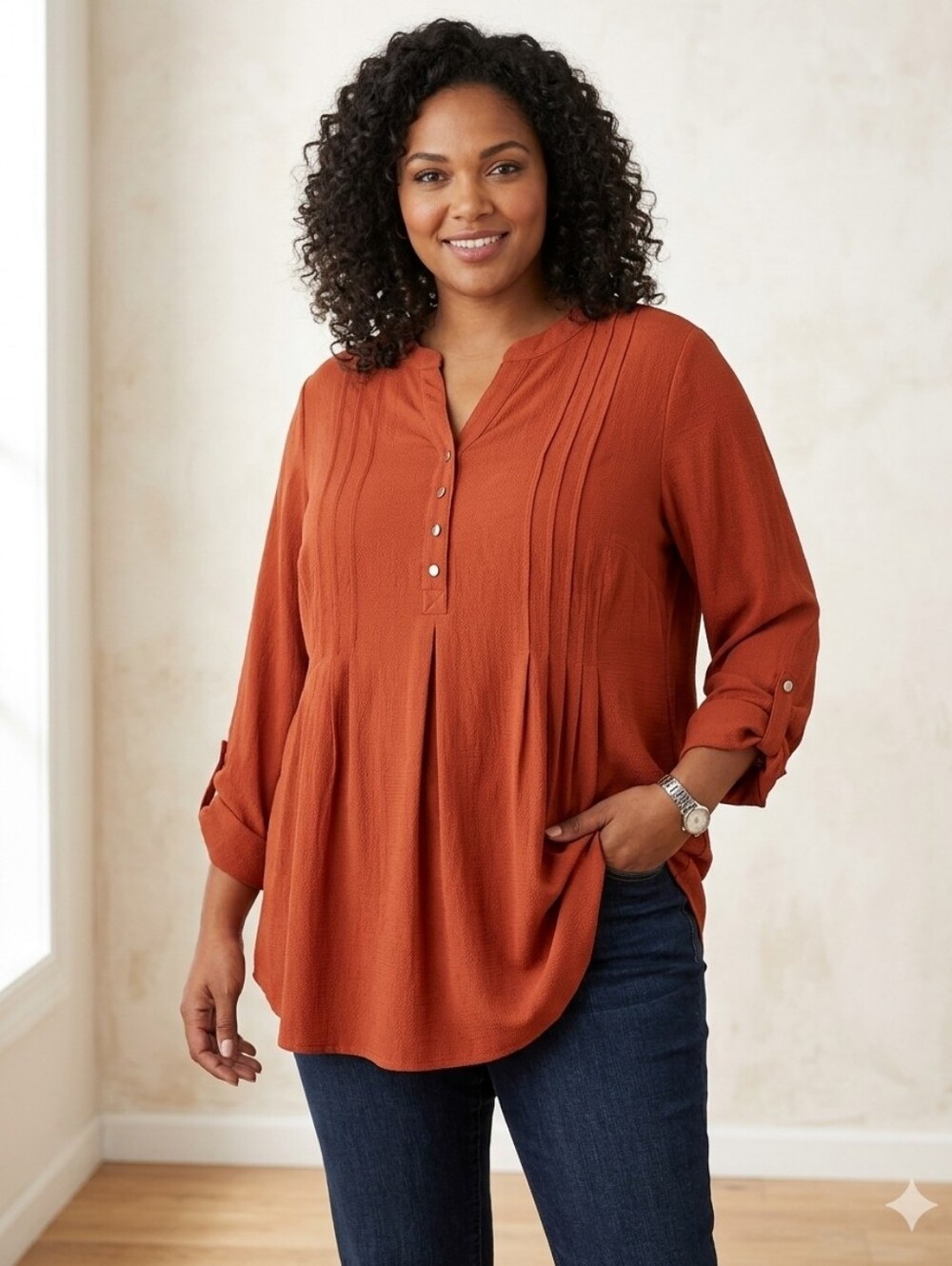 Kim Rogers 3/4 Roll Tab Henley Top XXL